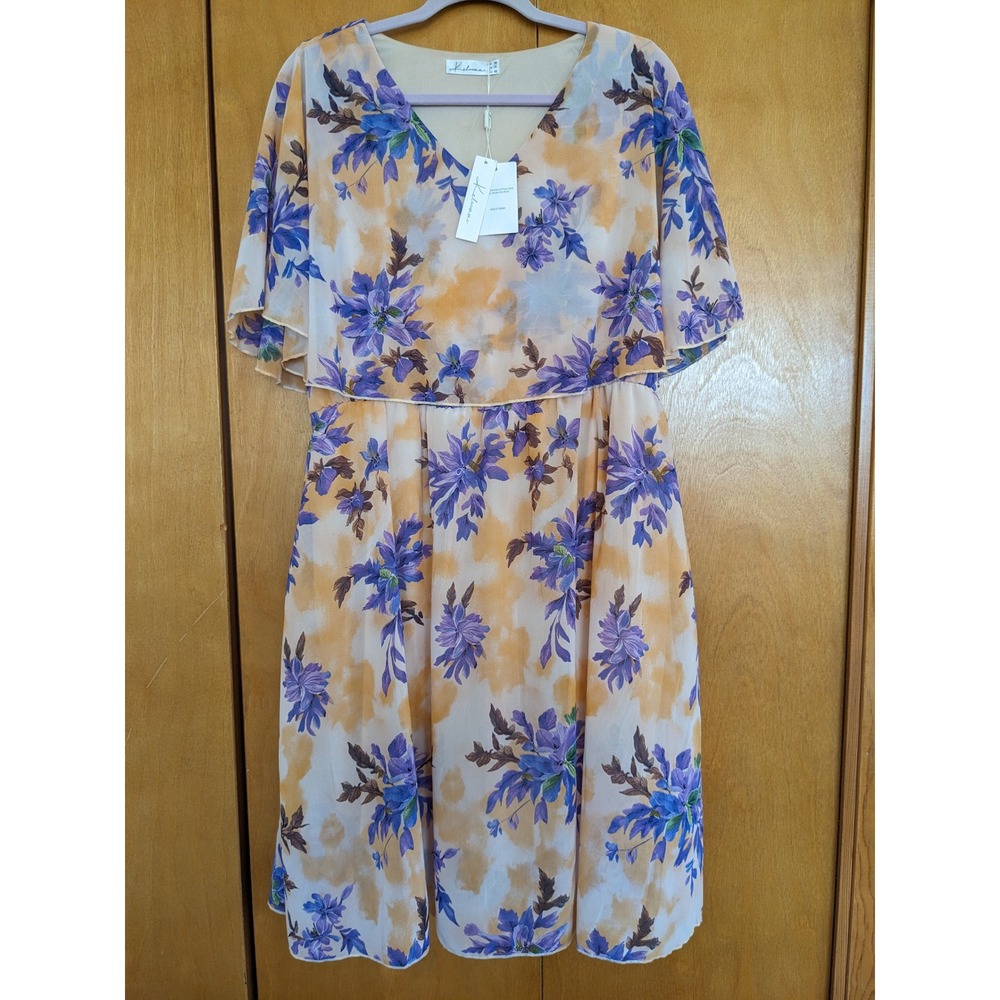 Keluummi Floral Chiffon Flutter Sleeve VNeck Midi Dress Purple Yellow Size 16NWT
